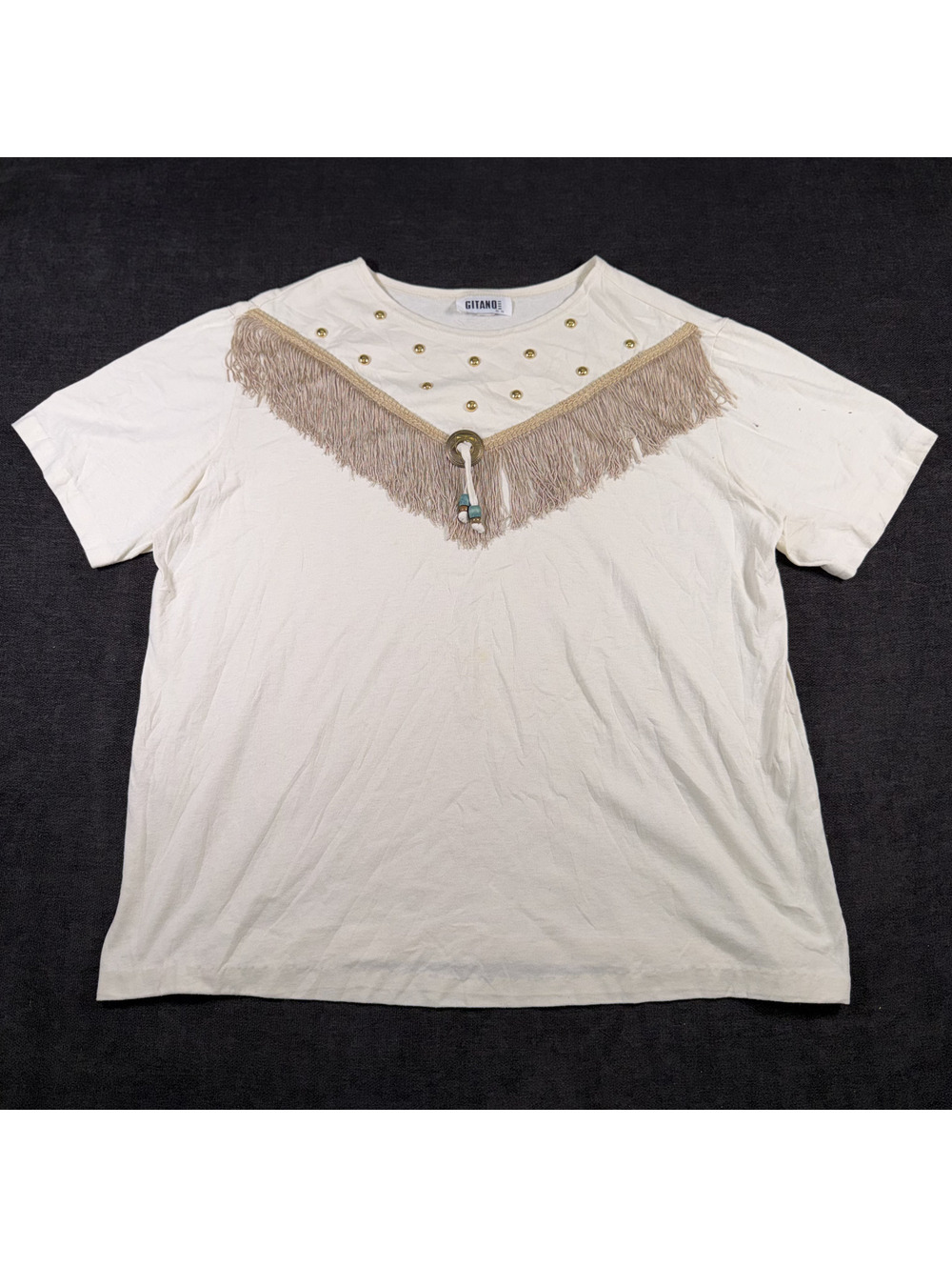 Gitano Women's Cream Fringe and Studded Short Sleeve Shirt Size Large
